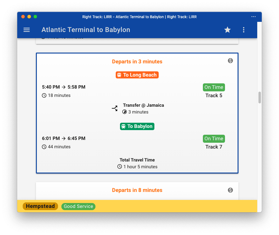 Trip Search between Atlantic Terminal and Babylon showing real-time status and track information