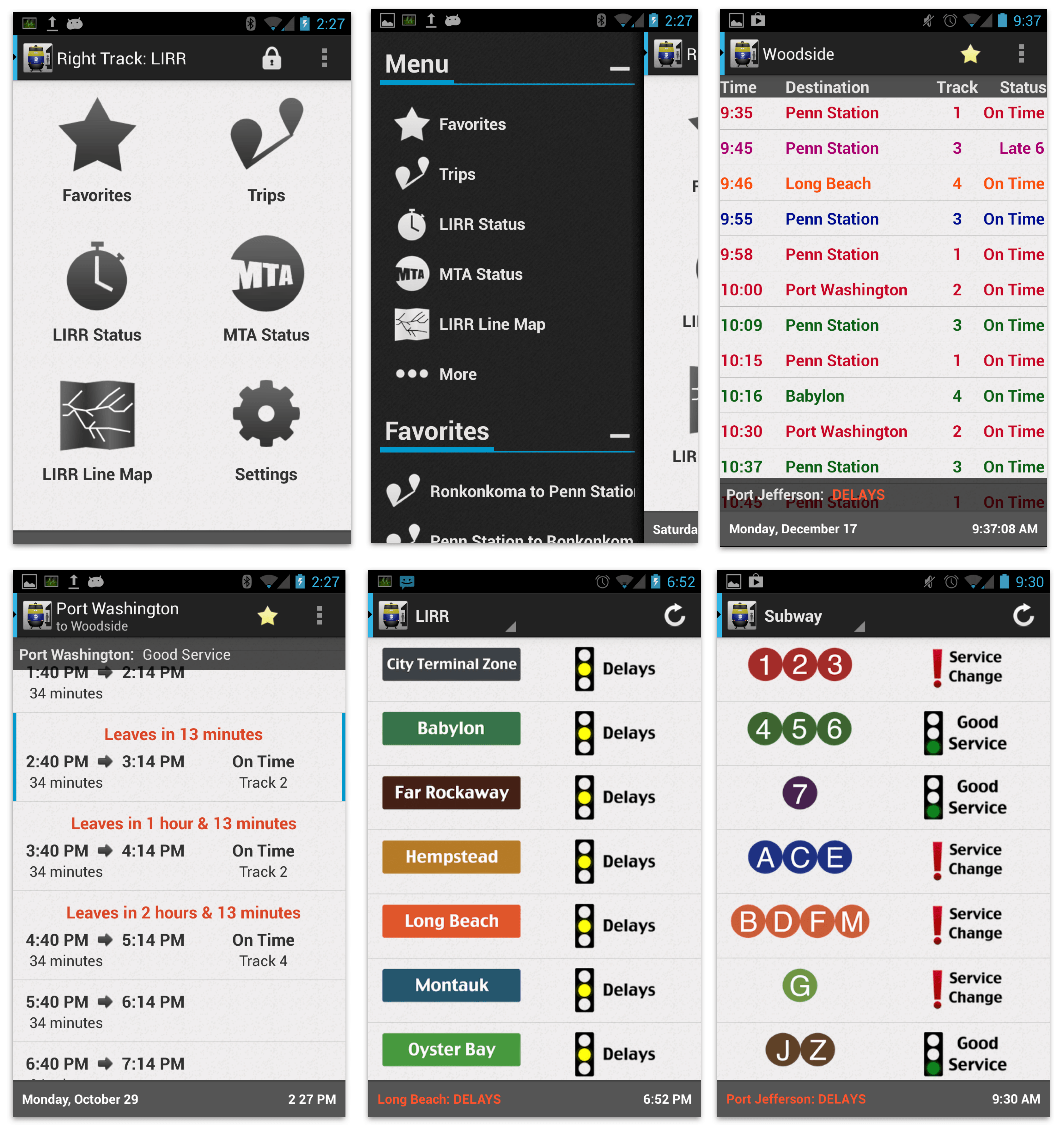 Screenshots of the updated Android app, which added support for the Long Island Rail Road