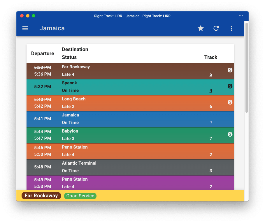 A Station Table displaying departures from Jamaica including real-time status and track information